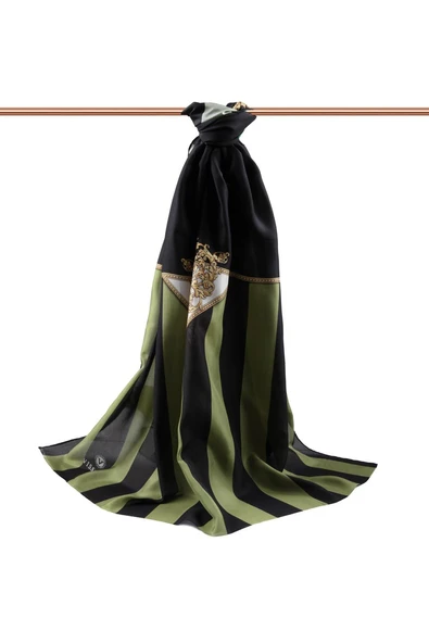 %100 İpek Şerit Ve Varak Desenli Haki - Siyah Renkli 92x210 Şal - Resim 2