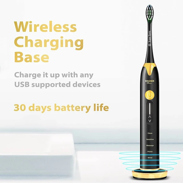 Wagner Stern Basınç Sensörlü Ultrasonik Beyazlatıcı Diş Fırçası - Siyah-Altın - Resim 4