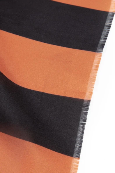 %100 İpek Şerit Ve Varak Desenli Taba - Haki Renkli 92x210 Şal - Resim 4