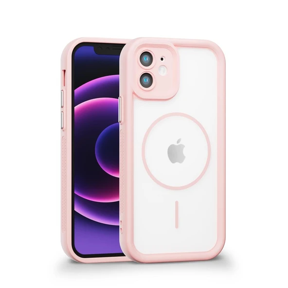 iPhone 12 Uyumlu Kamera Korumalı Magsafe Wireless Şarj Özellikli Mat Silikon Pembe renkli Silikon Telefon Kılıfı ürün görseli
