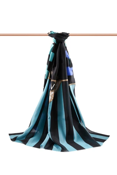 %100 İpek Şerit Ve Varak Desenli Bebe Mavisi - Siyah Renkli 92x210 Şal - Resim 2