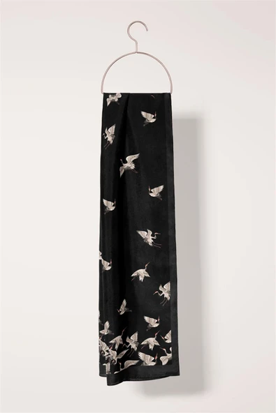 I76 %100 İpek Leylek Desenli Kadın Fular - Resim 2