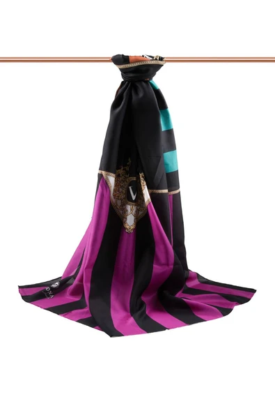 %100 İpek Şerit Ve Varak Desenli Siyah - Fuşya Renkli 92x210 Şal - Resim 2