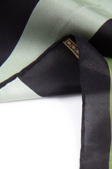 %100 İpek Şerit Ve Varak Desenli Haki - Siyah Renkli 92x210 Şal - Resim 4