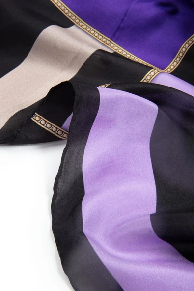 %100 İpek Şerit Ve Varak Desenli Mor - Lila Renkli 92x210 Şal - Resim 4