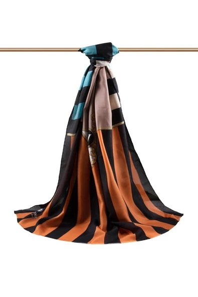 %100 İpek Şerit Ve Varak Desenli Taba - Haki Renkli 92x210 Şal - Resim 2