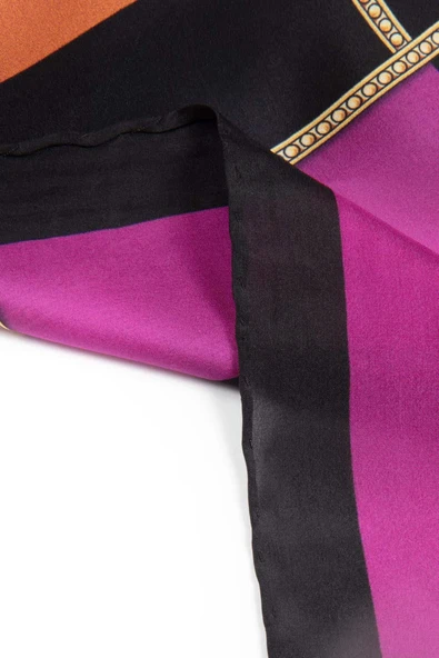 %100 İpek Şerit Ve Varak Desenli Siyah - Fuşya Renkli 92x210 Şal - Resim 4