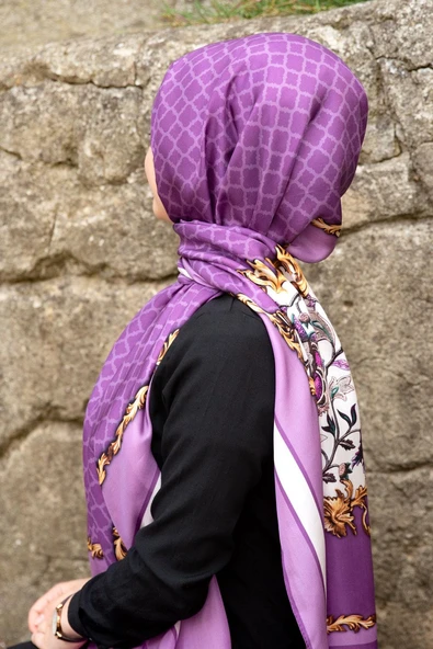 %100 İpek Dokuma Çiçek Desenli Mor - Lila Renkli 92x210 Şal ürün görseli