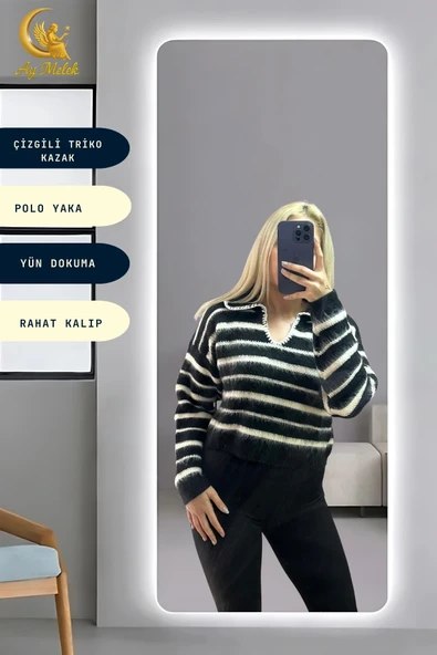 Kadın Çizgili Polo Yaka Oversize Triko Kısa Kazak - Resim 12