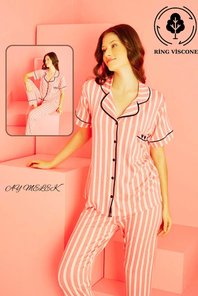 Kadın Pijama Takımı Ring Viscone Bambu Doku Gömlek ve Pijama Seti - Resim 11