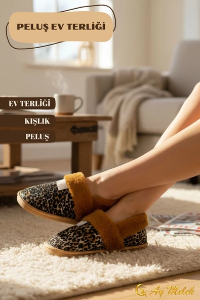 Kadın Ev Terliği İçi Tüylü Kışlık Kaymaz Taban Peluş Panduf - Resim 3