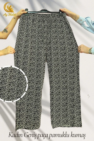 Kadın Pamuklu Dokuma Desenli Bol Kesim Geniş Paça Pantolon - Resim 12