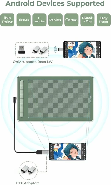 XP-Pen Deco LW Bluetooth Kablosuz Grafik Çizim Tableti 10x6  - Yeşil - Resim 3