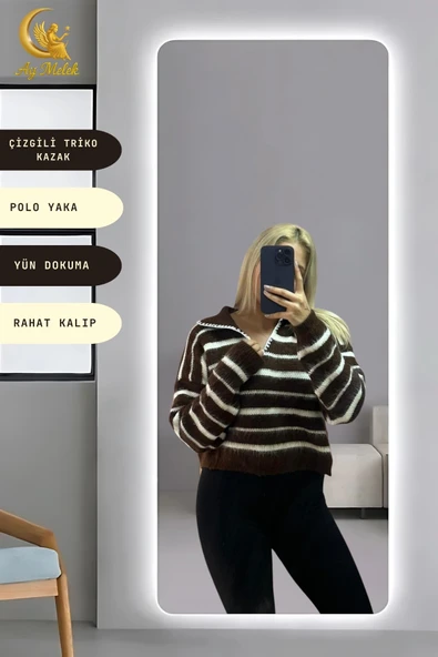 Kadın Çizgili Polo Yaka Oversize Triko Kısa Kazak - Resim 4