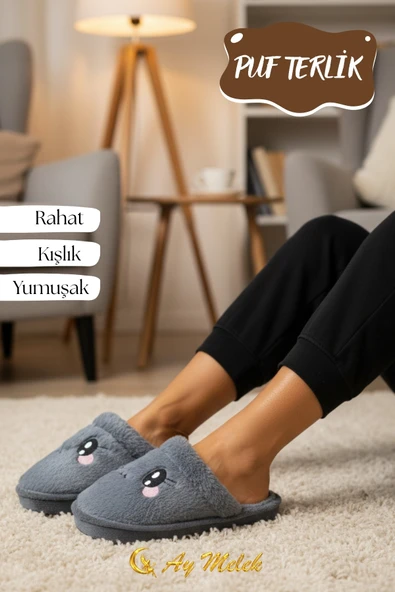 Kadın Ev Terliği Kışlık Peluş Pofuduk (Hayvan Figürlü) Kaymaz Taban Terlik ürün görseli