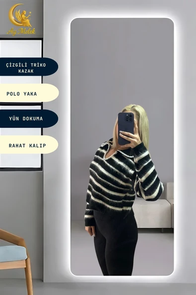 Kadın Çizgili Polo Yaka Oversize Triko Kısa Kazak - Resim 11