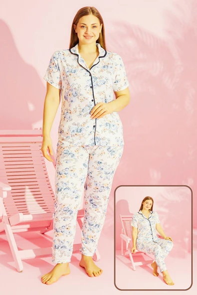 Kadın Pijama Takımı Pamuklu Geniş Beden Gömlek ve Pijama Seti (Battal Boy) - Resim 6