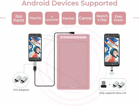 XP-Pen Deco LW Bluetooth Kablosuz Grafik Çizim Tableti 10x6  - Pembe - Resim 3