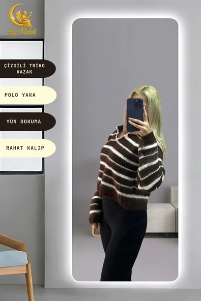 Kadın Çizgili Polo Yaka Oversize Triko Kısa Kazak - Resim 3