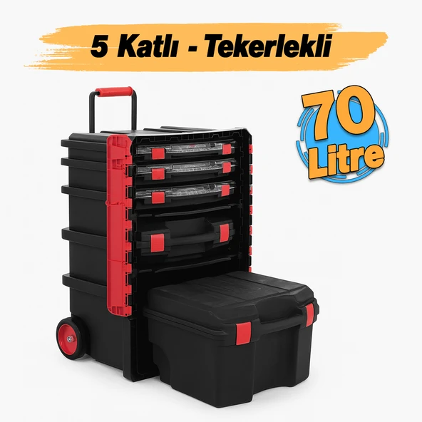 Tekerlekli 5 Katlı Taşınabilir 70 Litre Organizer Bölmeli Kulplu Kilitli Takım Çantası Alet Çanta - Resim 2