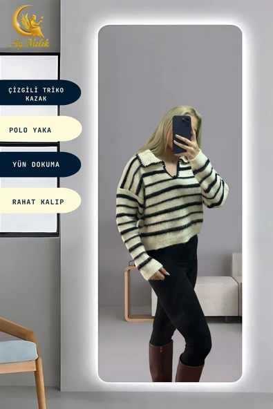 Kadın Çizgili Polo Yaka Oversize Triko Kısa Kazak - Resim 8