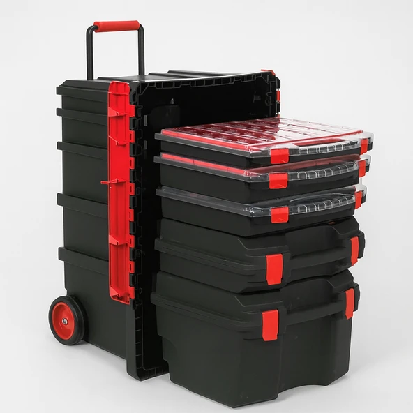 Tekerlekli 5 Katlı Taşınabilir 70 Litre Organizer Bölmeli Kulplu Kilitli Takım Çantası Alet Çanta - Resim 8
