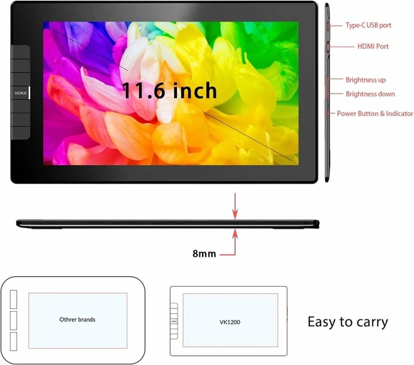 VEIKK VK1200 11.6 Inc Tam Lamine Grafik Çizim Monitörü - Resim 4