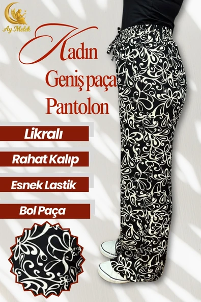 Kadın Pamuklu Dokuma Desenli Bol Kesim Geniş Paça Pantolon - Resim 3