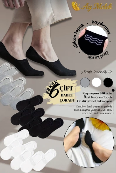 Erkek Çorap (6 Çift) Silikon Topuk Kaymayan Burun Dikişsiz Kaliteli Babet Çorap - Resim 2