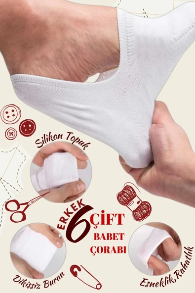 Erkek Çorap (6 Çift) Silikon Topuk Kaymayan Burun Dikişsiz Kaliteli Babet Çorap - Resim 8