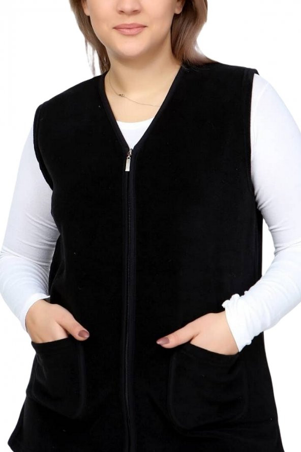Fierte Kadın Büyük Beden Yelek Artl5657 V Yaka Fermuar Kapama Spor Cep Yumuşak Polar Desenli Bordo Siyah Lacivert - 2