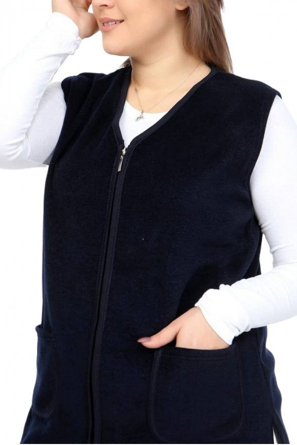 Fierte Kadın Büyük Beden Yelek Artl5657 V Yaka Fermuar Kapama Spor Cep Yumuşak Polar Desenli Bordo Siyah Lacivert - 4