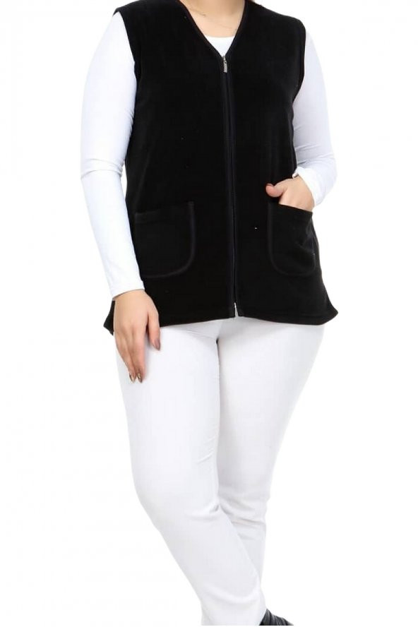 Fierte Kadın Büyük Beden Yelek Artl5657 V Yaka Fermuar Kapama Spor Cep Yumuşak Polar Desenli Bordo Siyah Lacivert - 6