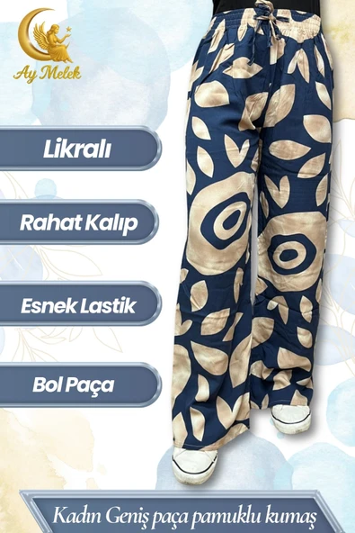 Kadın Pamuklu Dokuma Desenli Bol Kesim Geniş Paça Pantolon - Resim 2