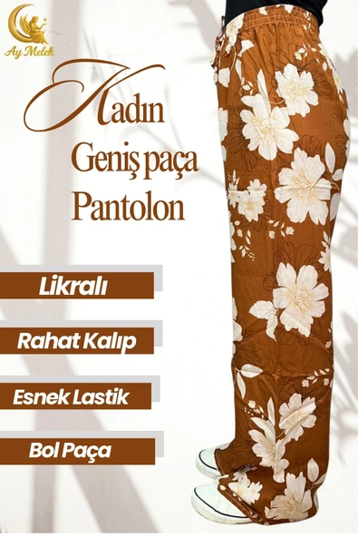 Kadın Pamuklu Dokuma Desenli Bol Kesim Geniş Paça Pantolon - Resim 6