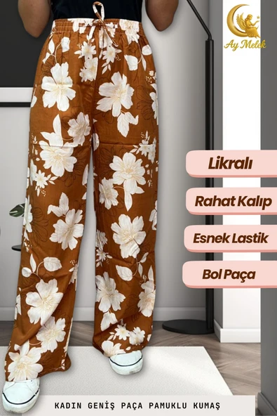 Kadın Pamuklu Dokuma Desenli Bol Kesim Geniş Paça Pantolon - Resim 4