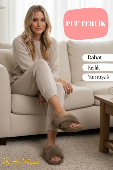 Kadın Ev Terliği Peluş Çapraz Yumuşak Tabanlı, Kaymaz, Kışlık Terlik - Resim 5