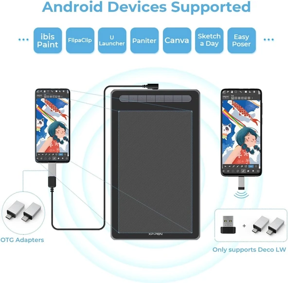 XP-Pen Deco LW Bluetooth Kablosuz Grafik Çizim Tableti 10x6  - Siyah - Resim 4