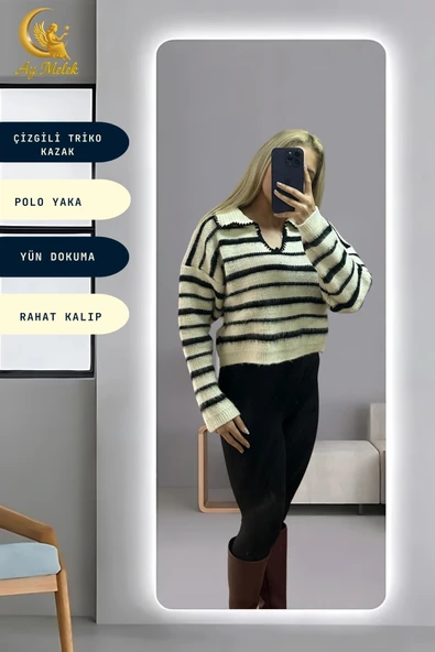 Kadın Çizgili Polo Yaka Oversize Triko Kısa Kazak - Resim 5