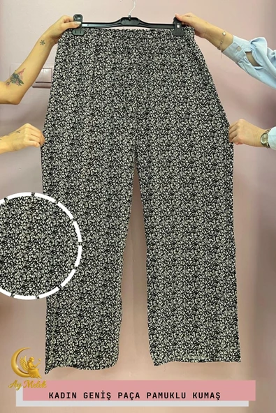 Kadın Pamuklu Dokuma Desenli Bol Kesim Geniş Paça Pantolon - Resim 10