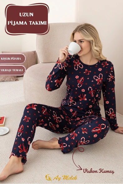 Kadın Pijama Takımı Desenli Pamuklu Bisiklet Yaka Takım - Resim 5