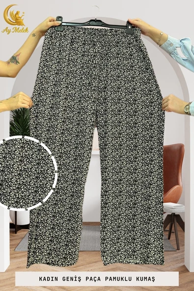 Kadın Pamuklu Dokuma Desenli Bol Kesim Geniş Paça Pantolon - Resim 8