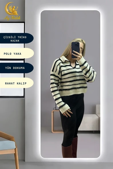 Kadın Çizgili Polo Yaka Oversize Triko Kısa Kazak - Resim 7