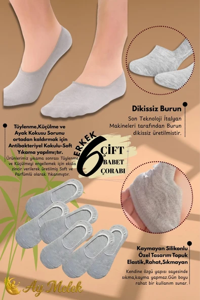 Erkek Çorap (6 Çift) Silikon Topuk Kaymayan Burun Dikişsiz Kaliteli Babet Çorap - Resim 5