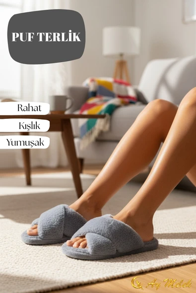 Kadın Ev Terliği Peluş Çapraz Yumuşak Tabanlı, Kaymaz, Kışlık Terlik - Resim 6