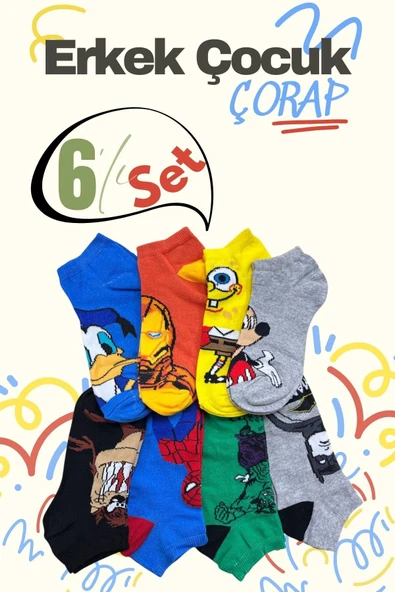 Erkek Çocuk 6`lı Paket Desenli Soft Yıkama Pamuklu Patik Çorap - Resim 6