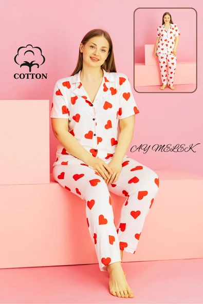 Kadın Pijama Takımı Pamuklu Geniş Beden Gömlek ve Pijama Seti (Battal Boy) - Resim 11