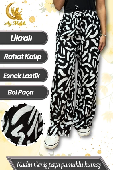Kadın Pamuklu Dokuma Desenli Bol Kesim Geniş Paça Pantolon - Resim 5