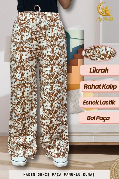 Kadın Pamuklu Dokuma Desenli Bol Kesim Geniş Paça Pantolon - Resim 10