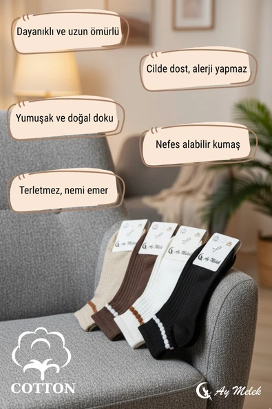 Kadın Çorap Doğal Pamuklu (4 Çift) Fitilli Yetişkin Kısa Çorap - Resim 2